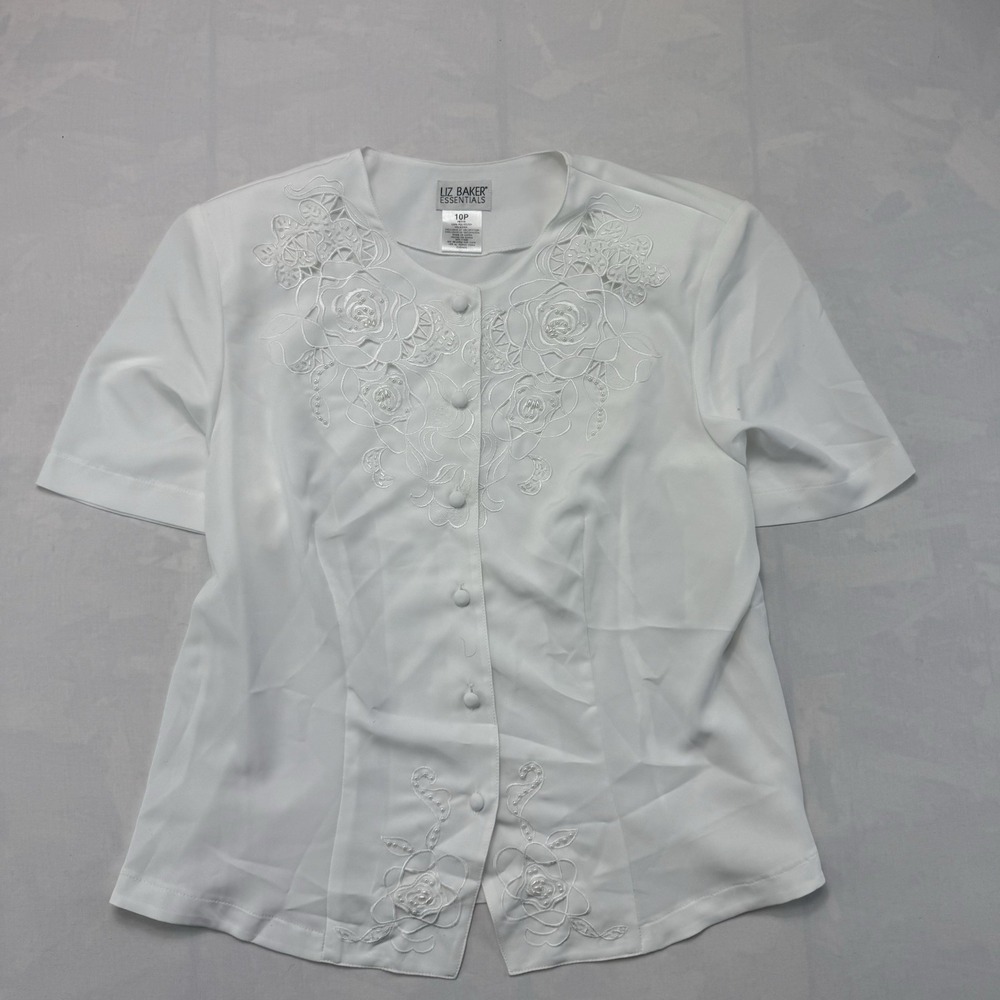 NWT Vintage Liz Baker Blouse Womens 10P Petite White Embroidered